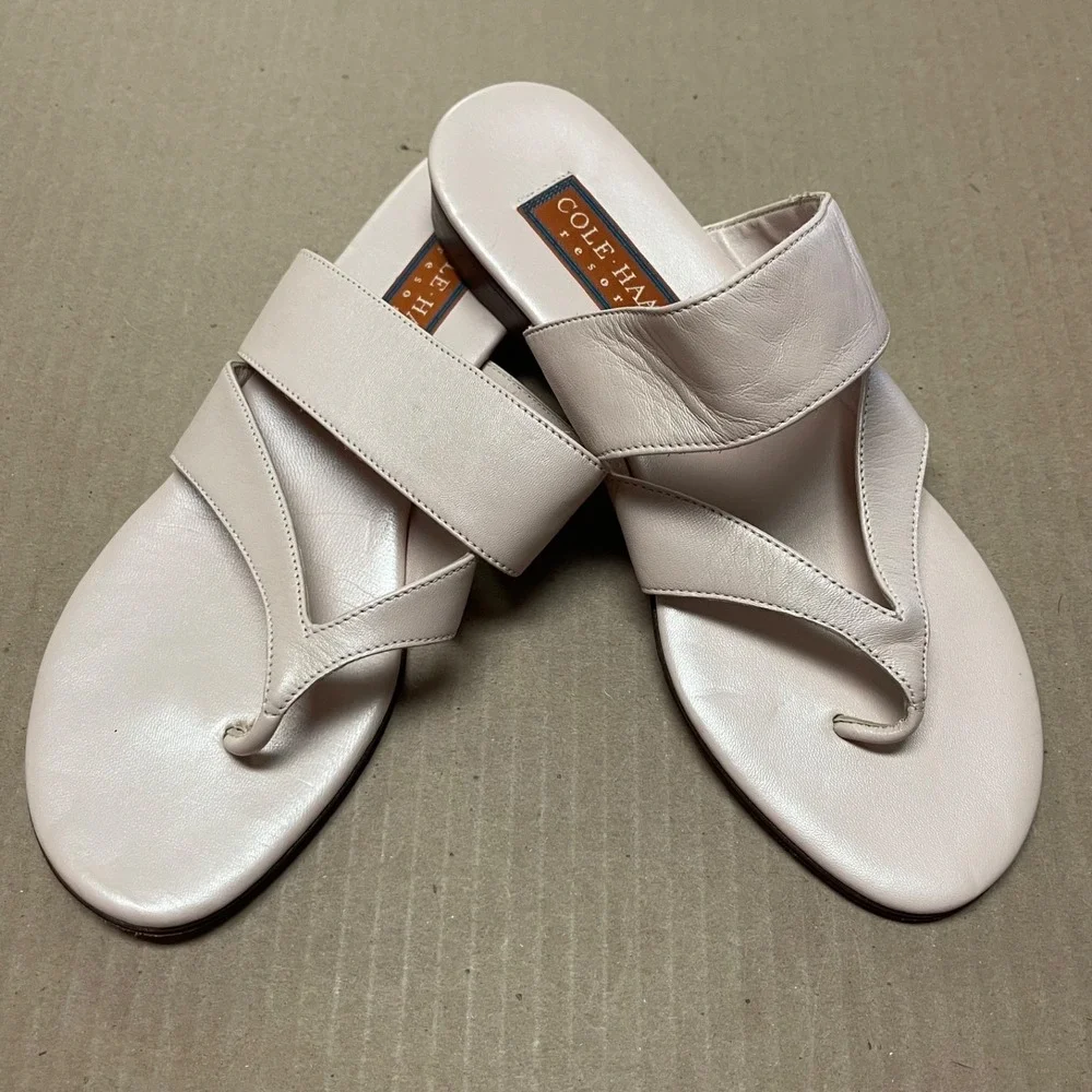 Vintage 90s Cole Haan Sz 9B Resort Blush Leather Asymmetric Thong Slide Sandals